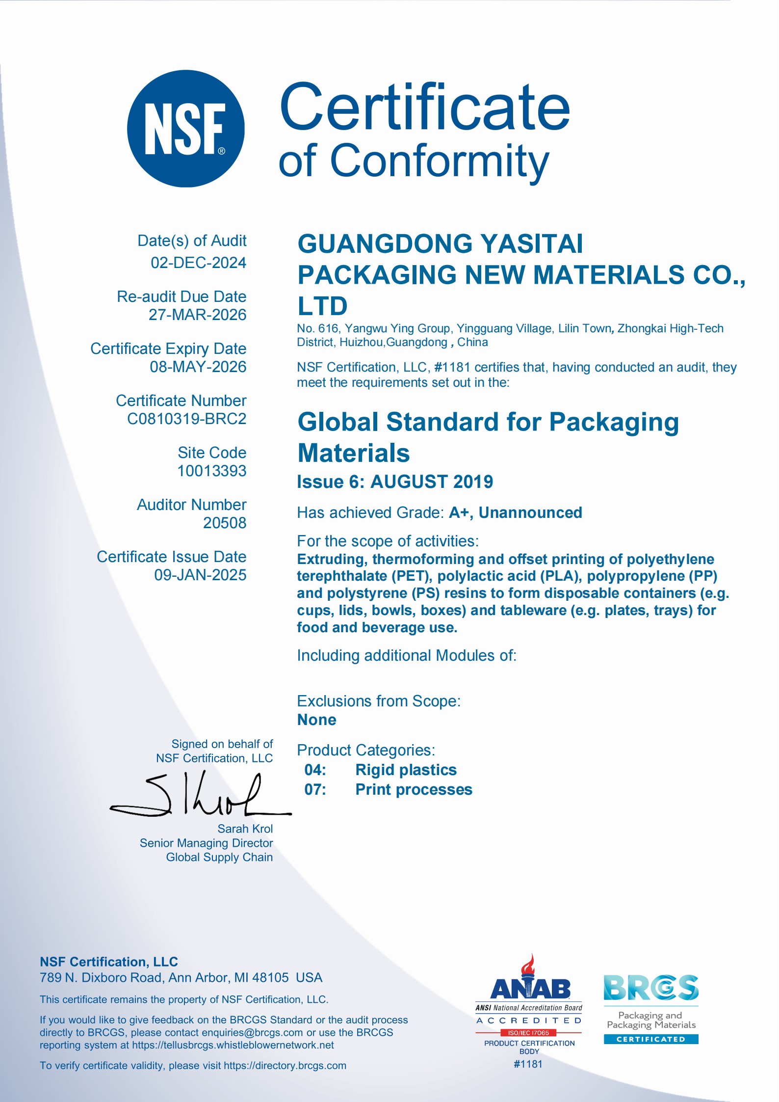 Yasitai Secures BRCGS A (2)